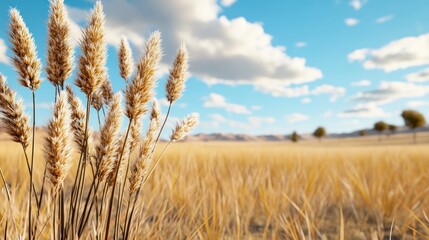 Fototapeta premium Discover breathtaking landscapes where golden hour casting warm tones, delicate light shaping the scene illuminates fields of tall grass and a clear blue sky dotted with fluffy white clouds These