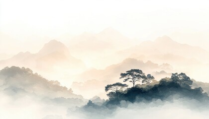 Discover ethereal landscapes where soft daylight merging with subtle shade creates a peaceful natural setting Explore serene mountains shrouded in mist, painted with delicate strokes The tranquil