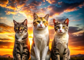 Obraz premium Three Happy Cats Silhouette Portrait - Playful Feline Friends