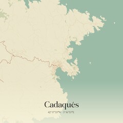 Retro Spanish map of Cadaqu�s, Catalu�a. Vintage street map.