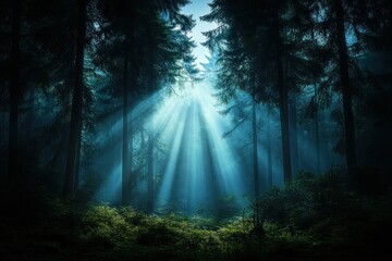 Obraz premium Embark on an adventure with youthful energy, hiking through lush mountains, and sunlight streaming through trees as you explore the unknown This scenic view, bathed in light, captures the beauty of