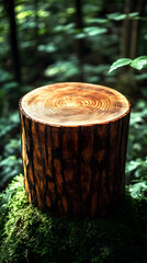 Fototapeta premium Dark Brown Tree Stump on Mossy Base in Lush Green Forest