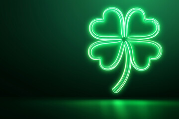 Neon shining four-leaf shamrock banner on Saint Patrick day with copy space on dark green background.