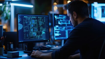 Programmer coding late night office, circuit board design, colleagues background, tech project