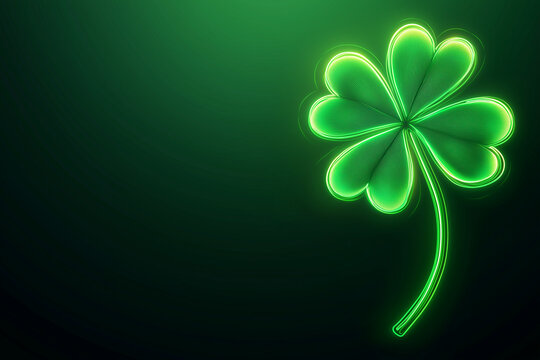 Neon shining four-leaf shamrock banner on Saint Patrick day with copy space on dark green background.