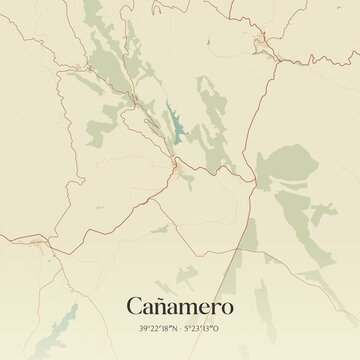 Retro Spanish map of Ca�amero, Extremadura. Vintage street map.