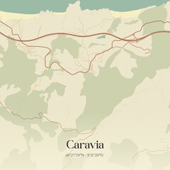 Retro Spanish map of Caravia, Principado de Asturias. Vintage street map.