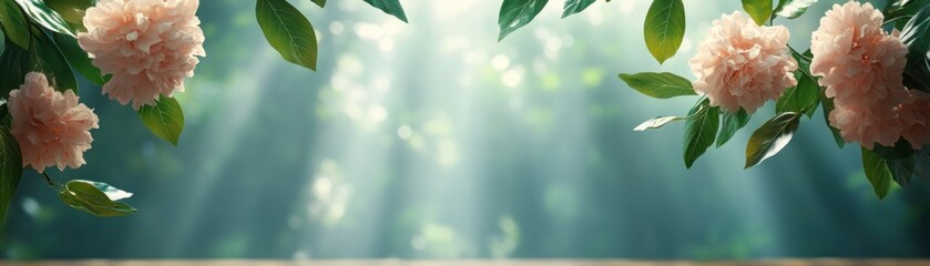 Experience the magic of a whimsical garden, a joyful depiction of happiness and growth, with blooming flowers, gentle leaves, and radiant sunlight streaming through This serene nature scene offers a