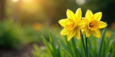 Solo yellow narcissus flowers blooming in a garden, nature, yellow