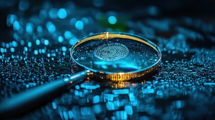 Magnifying glass shows a fingerprint, wet surface. Illustrates investigation, forensic science, or security.