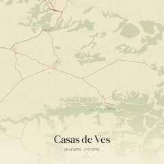 Retro Spanish map of Casas de Ves, Castilla-La Mancha. Vintage street map.