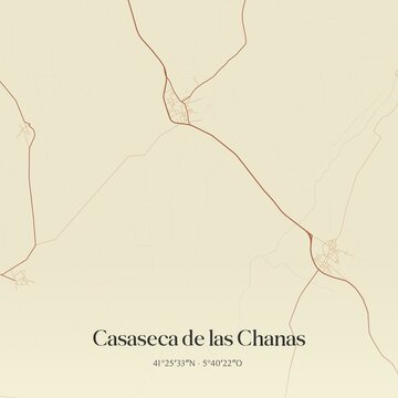 Retro Spanish map of Casaseca de las Chanas, Castilla y Le�n. Vintage street map.