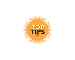 Top tips badge in yellow with a light lamp. Top tips text. Flat modern minimal trend. Vector illustration.