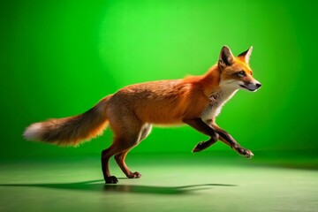 Fototapeta premium Top View Silhouette Running Fox, Green Screen, Chroma Key, Wildlife, Animal, Nature