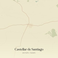 Retro Spanish map of Castellar de Santiago, Castilla-La Mancha. Vintage street map.