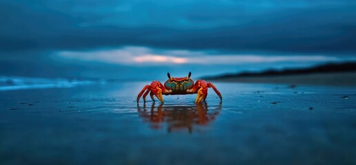 Red crab beach sunset ocean reflection
