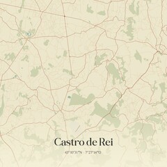 Retro Spanish map of Castro de Rei, Galicia. Vintage street map.