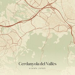 Retro Spanish map of Cerdanyola del Vall�s, Catalu�a. Vintage street map.