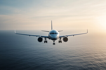 Naklejka premium Airplane Flying Above Dramatic Clouds During Sunset Over Calm Ocean Waters with Scenic Horizon