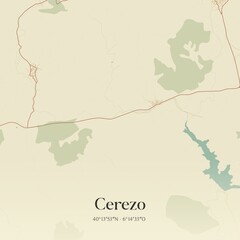 Retro Spanish map of Cerezo, Extremadura. Vintage street map.