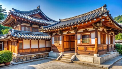 Well-preserved hanok house in a traditional Korean village setting, featuring a tiled roof and wooden beams, with intricate carvings and ornate details , wooden beams, carvings