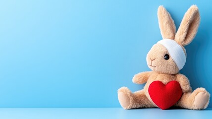 Obraz premium Stuffed bunny with bandaged head holding red heart, blue background