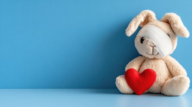 Plush bunny with bandaged head holding red heart, against blue background