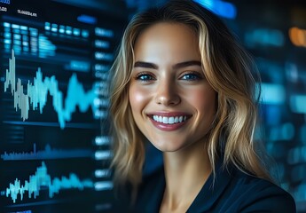 Young Caucasian businesswoman with blonde wavy hair and bright smile against blue financial chart background, wearing dark blazer, representing success in finance.