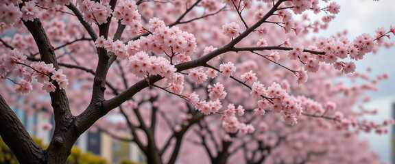 Blossoming cherry trees in vibrant pink shades convey beauty and renewal during springtime, creating a picturesque scene filled with delicate flowers