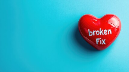 Broken heart concept with "broken Fix" writing on red against blue background