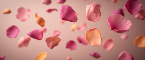 Floating flower petals in a romantic mood representing love against a soft background
