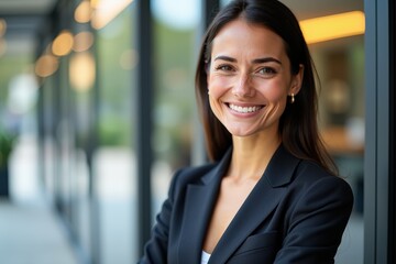Confident Young Businesswoman Smiling Outdoors in Professional Attire Against Modern Urban Background with Glass Windows Reflecting Natural Light