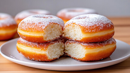 Donut, A high-fidelity image of a single donut on a white plate, featuring a bite taken out, showcasing tempting dessert aesthetics.