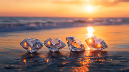 Four sparkling diamonds are arranged on a black beach as gentle ocean waves lap at the shore during a vibrant sunset. diamond shore. illustration. Sparkling Shore. Illustration