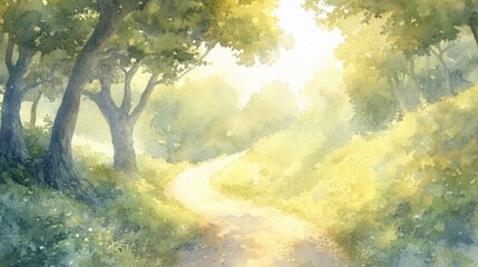 Fototapeta premium Serene sunlit path winding through lush greenery in a tranquil forest setting