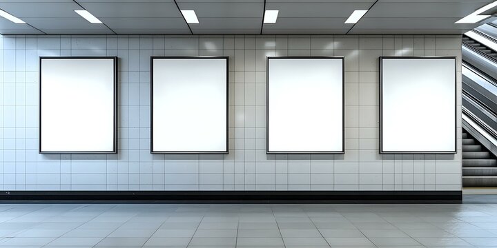 Four blank white advertising billboards mounted on modern subway station wall with tiled surface and fluorescent lighting, mockup for marketing campaign. - Powered by Adobe