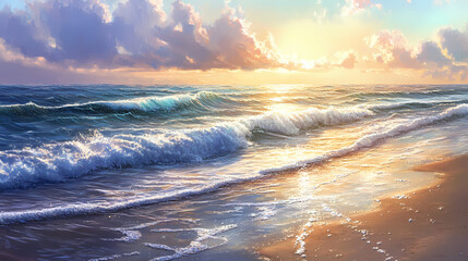 Gentle ocean waves rolling onto the sandy shore sparkling under the sunlight the scene captures the essence of summer relaxation and coastal beauty. Sparkling Shore. Illustration