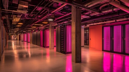 Pink-lit server room corridor; data center infrastructure; technology background