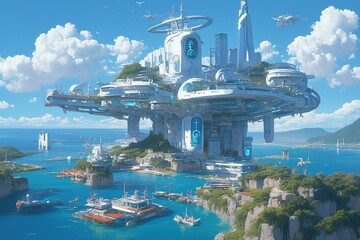 Obraz premium Futuristic city on a tropical island with ocean views, ships, and flying vehicles.