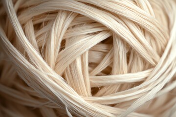 A close-up of a tightly wound ball of natural fibers, perfect for crafts and artistic projects.