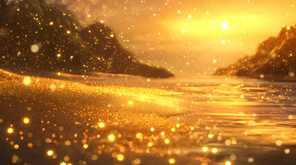 Golden sands shimmering with sunset's embrace a coastal scene of sparkling water and glistening shore. Sparkling Shore. Illustration