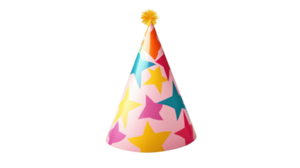 Colorful party hat with star pattern on transparent background. Transparent background