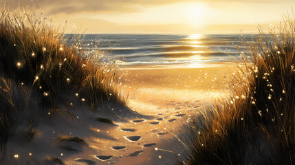 Sand grains shining in the golden hour light,, beach, sand, summer. Sparkling Shore. Illustration