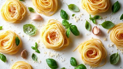 Pasta nests with basil, garlic, parmesan on white background, food styling
