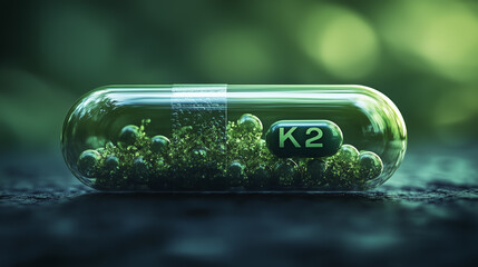 Close-up of a deep green, semi-transparent capsule filled with K2 supplement, displayed on vibrant natural background with soft light reflections.
