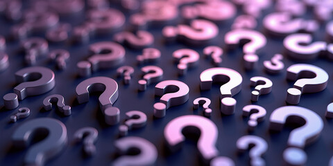 Multiple metallic question marks scattered on a reflective surface with purple lighting.