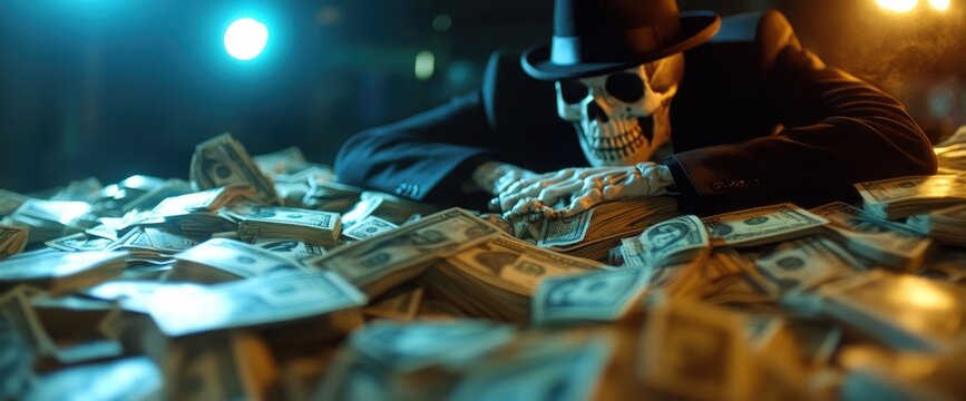 Skeleton in suit rests on money pile, dark background. Use Halloween, finance