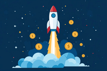 Financial growth concept with a launching rocket symbolizing increased profits