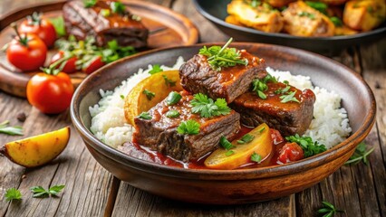Braised beef short ribs in a rich tomato-based sauce served with steamed rice and roasted plantains , traditional dishes, latin american food