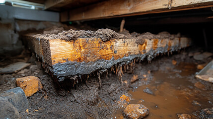 Crawl space with exposed soil and wooden beams showing the need for repair and mold remediation, with modern blurred background and empty caption space on the side